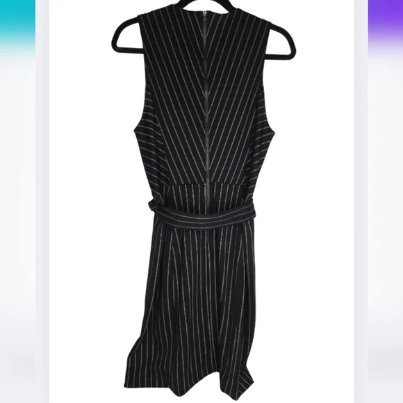 BCBGMaxAzria Pinstripe Faux Wrap Sheath Dress Size Small Belted Black B-2114 - Picture 6 of 6
